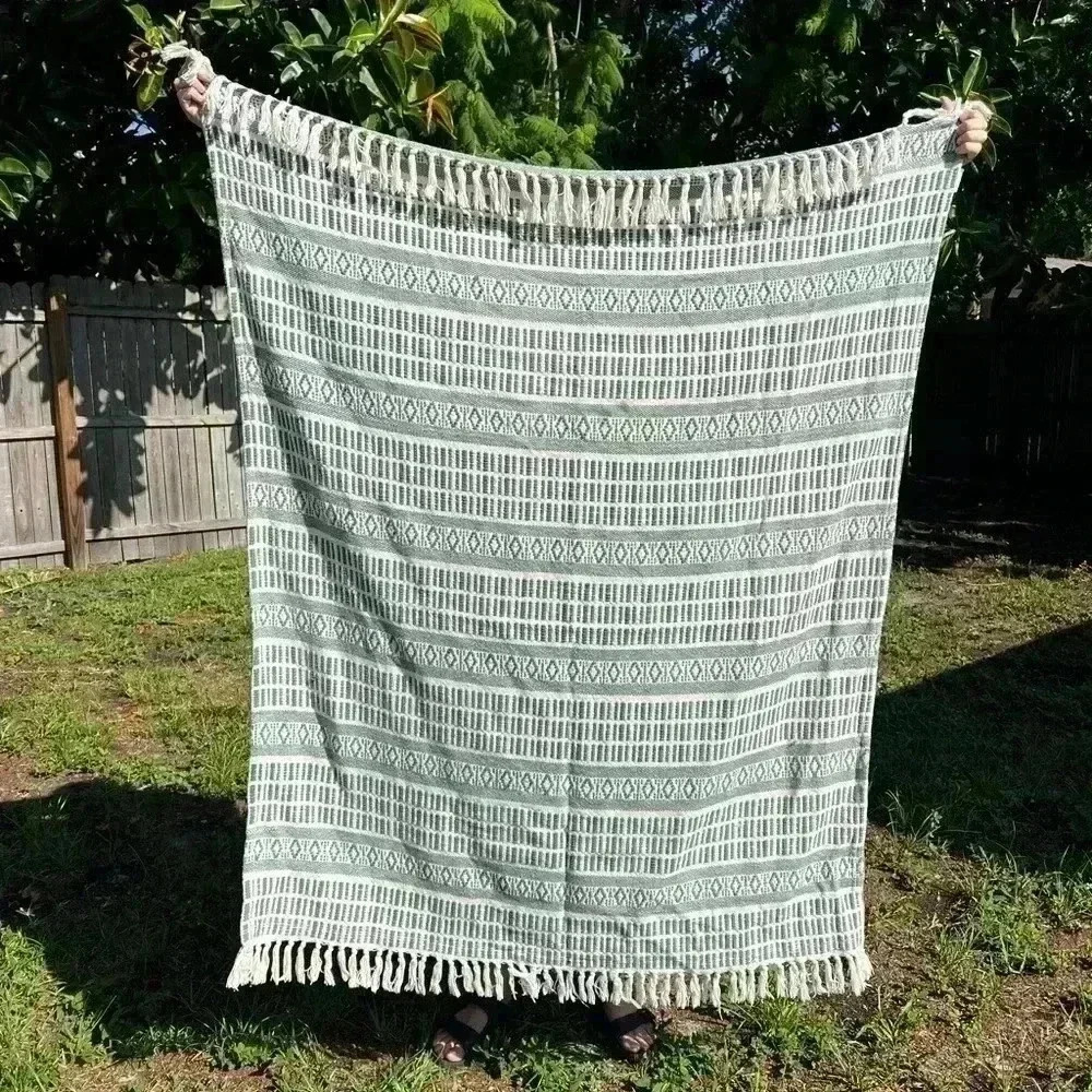 ASHTON WOODS GREEN MULTI THROW BLANKET 100% COTTON 50” x 60” INDIA boho style - Picture 2 of 8